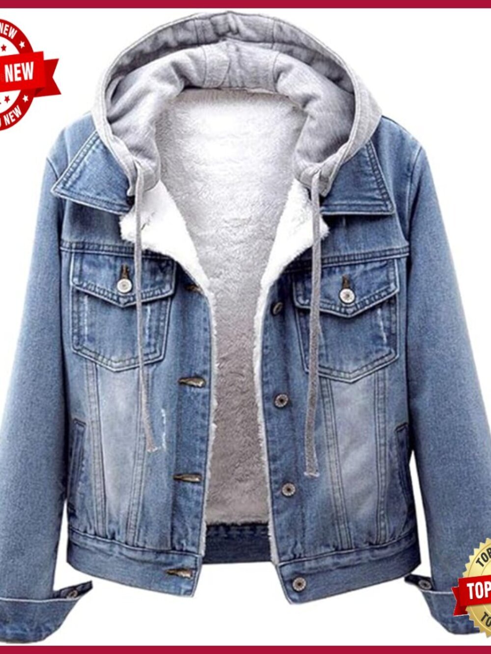 Women's Denim Jacket with Detachable Hood Sherpa Fleece Lined Winter Coat